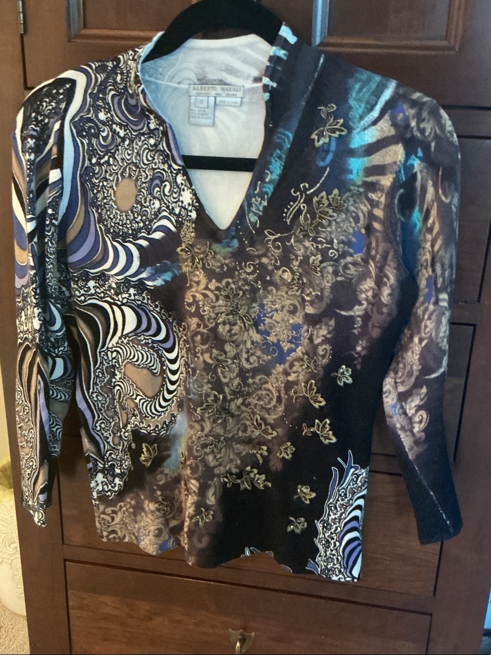 Alberto Makali embellished Blue & Black Abstract, Long Sleeve Sweater Sz Small